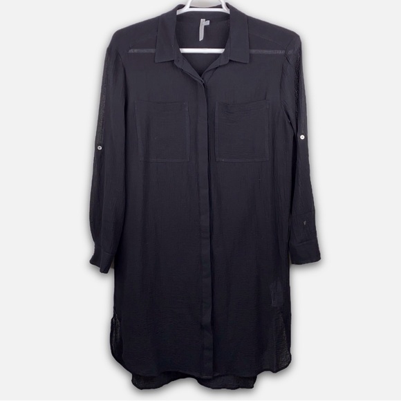 Seafolly Dresses & Skirts - Seafolly Australia Crinkle Beach Shirt Black Size Medium Button Roll Sleeves